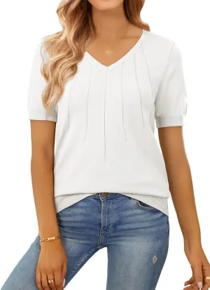 SHEWIN Women's Summer Short Sleeve Sweaters Crewneck Pleated Knit Tops Business Casual Work Shirts Blouses
