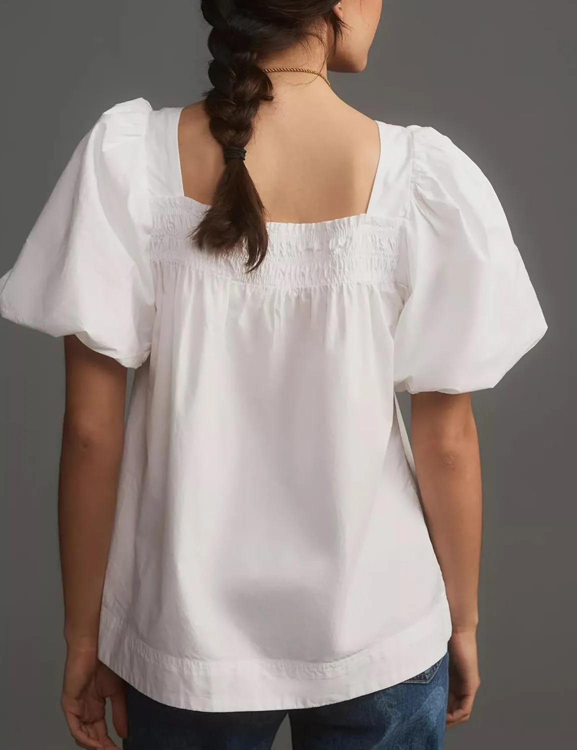 Short Puff-Sleeve Dressy Blouses Smocked Square Ruffle Neck Loose Shirts Casual Womens Tops