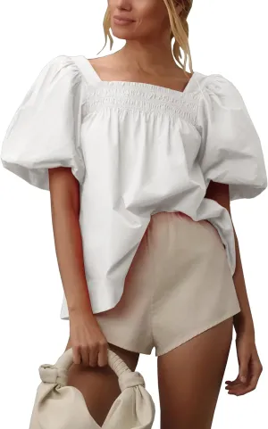 Short Puff-Sleeve Dressy Blouses Smocked Square Ruffle Neck Loose Shirts Casual Womens Tops
