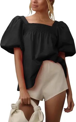 Short Puff-Sleeve Dressy Blouses Smocked Square Ruffle Neck Loose Shirts Casual Womens Tops