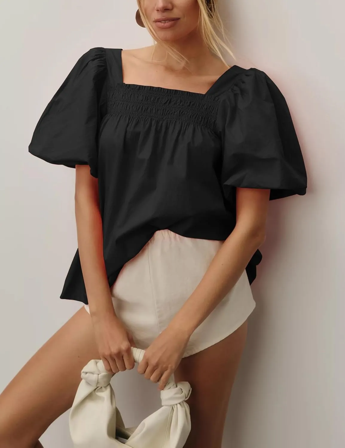 Short Puff-Sleeve Dressy Blouses Smocked Square Ruffle Neck Loose Shirts Casual Womens Tops