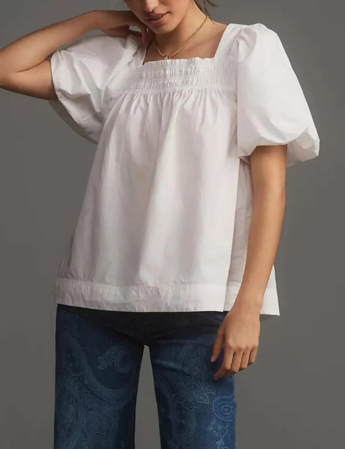 Short Puff-Sleeve Dressy Blouses Smocked Square Ruffle Neck Loose Shirts Casual Womens Tops