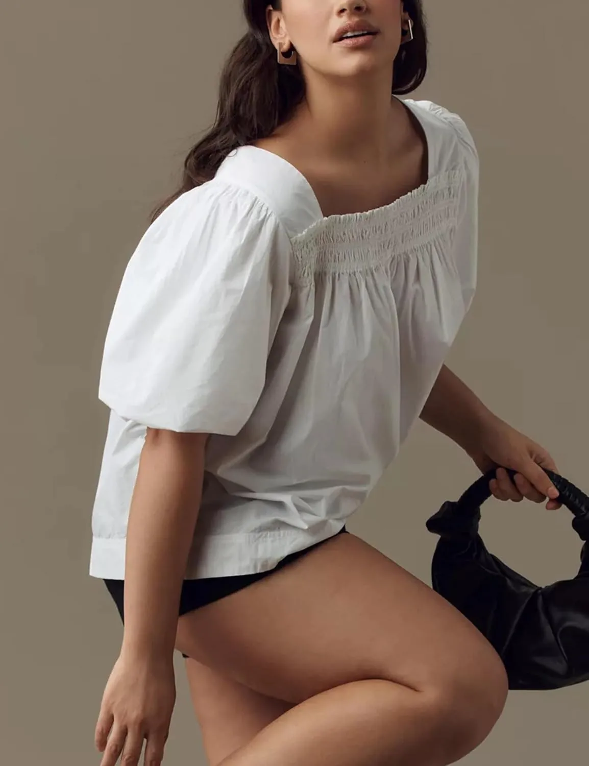 Short Puff-Sleeve Dressy Blouses Smocked Square Ruffle Neck Loose Shirts Casual Womens Tops