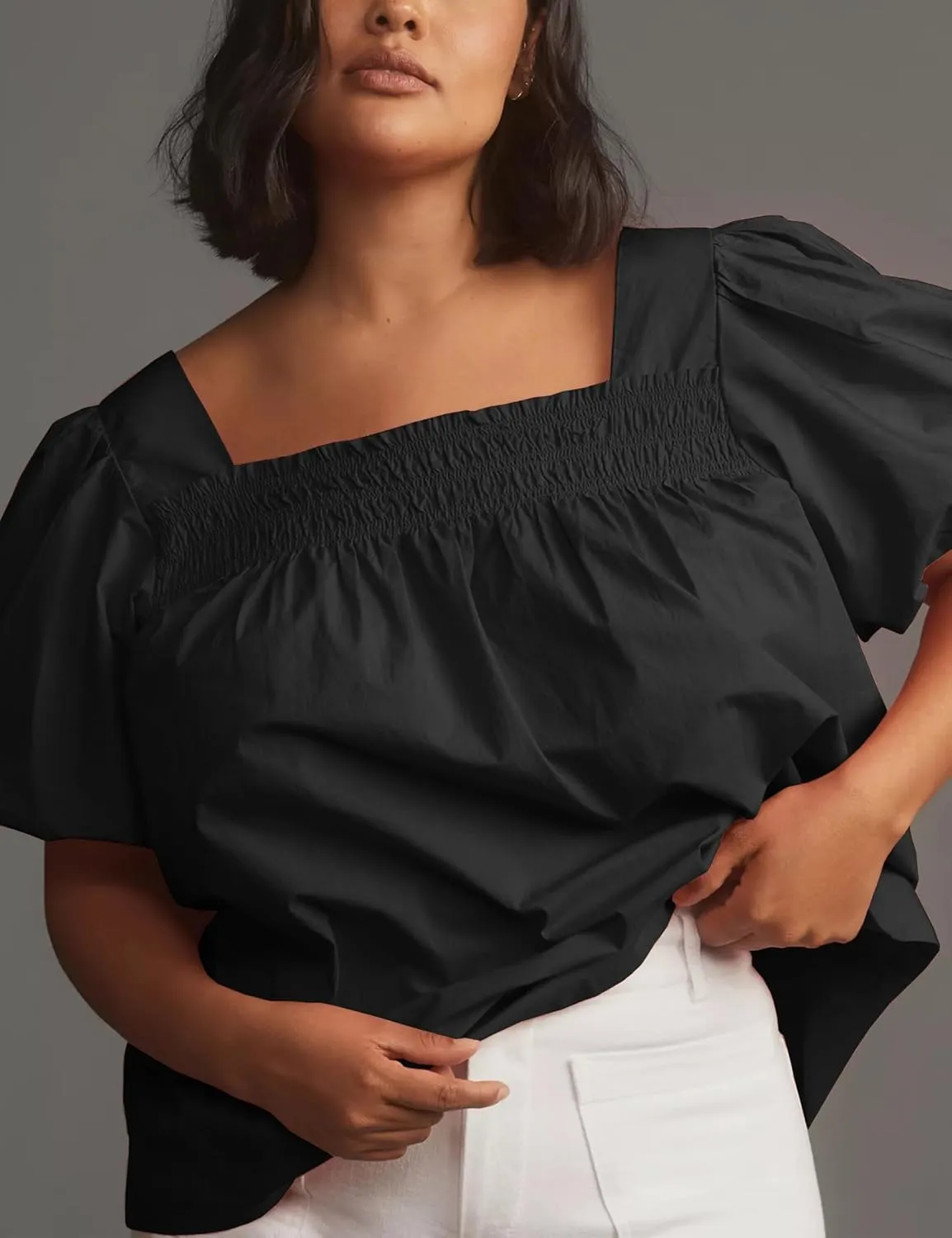 Short Puff-Sleeve Dressy Blouses Smocked Square Ruffle Neck Loose Shirts Casual Womens Tops