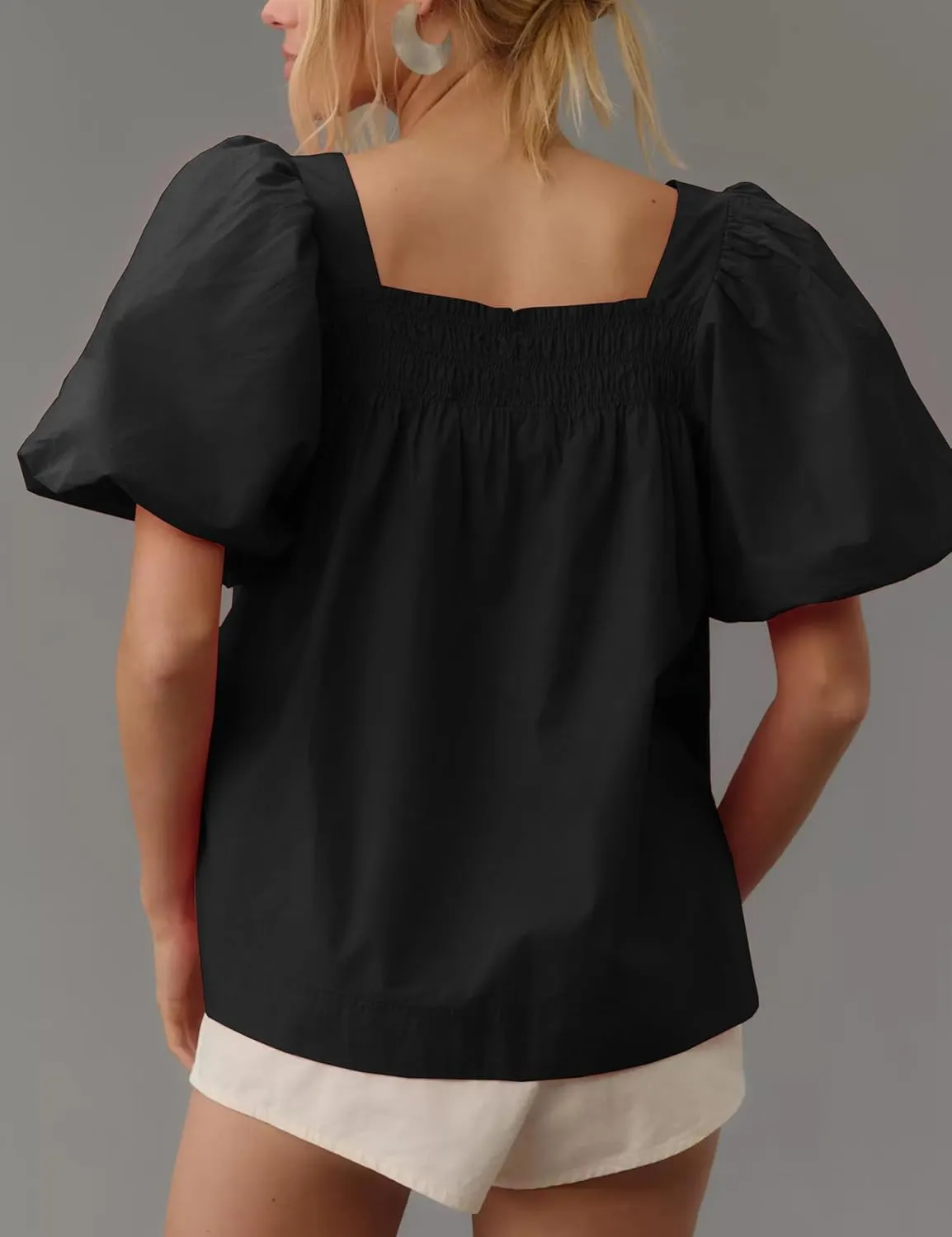 Short Puff-Sleeve Dressy Blouses Smocked Square Ruffle Neck Loose Shirts Casual Womens Tops