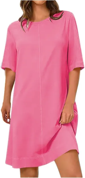 Short Sleeve Summer Mini Dress for Women Crewneck Fashion Casual Dress Flowy T Shirt Dresses Loose Vacation Sundress