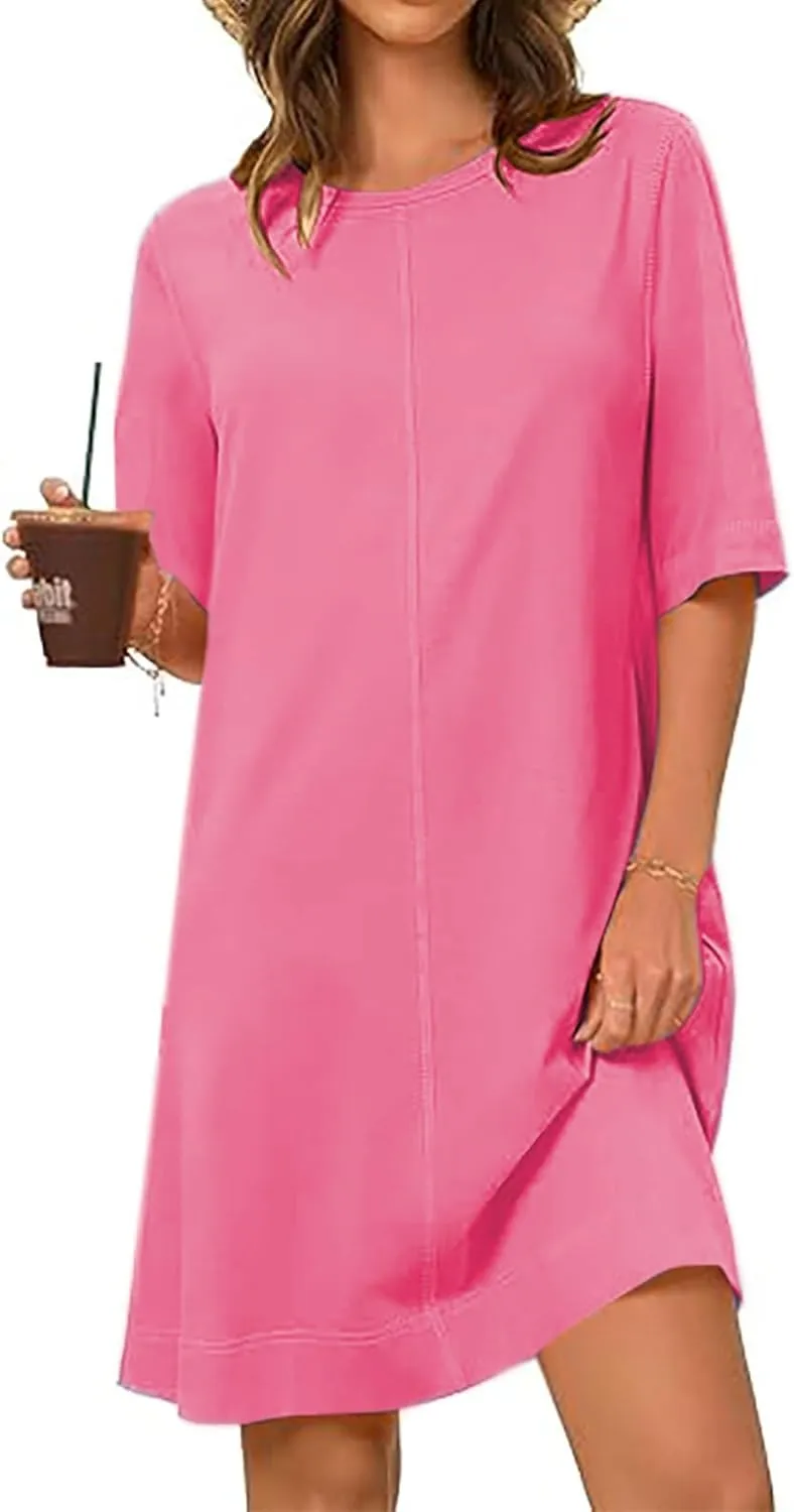 Short Sleeve Summer Mini Dress for Women Crewneck Fashion Casual Dress Flowy T Shirt Dresses Loose Vacation Sundress