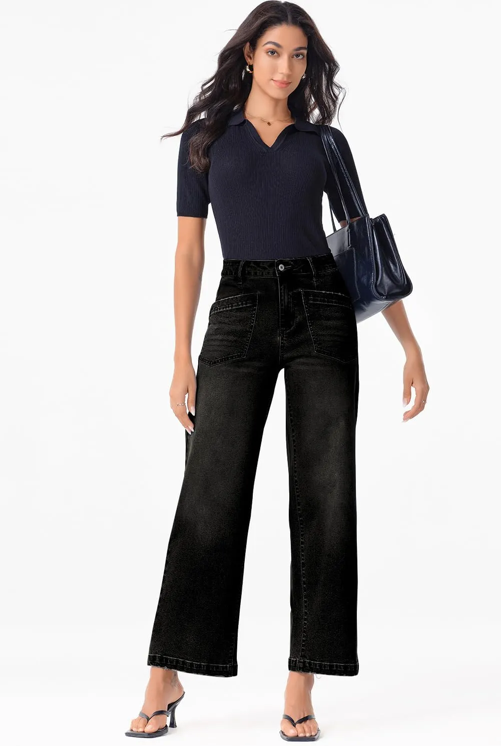 Sidefeel Women's Wide Leg Jeans High Waisted Stretchy Jeans Straight Leg Loose Fit Zimbaplatinum Ankle Denim Pants
