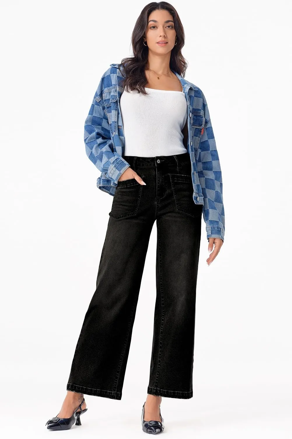 Sidefeel Women's Wide Leg Jeans High Waisted Stretchy Jeans Straight Leg Loose Fit Zimbaplatinum Ankle Denim Pants