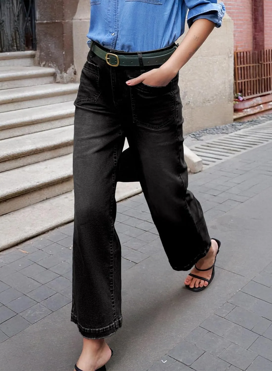 Sidefeel Women's Wide Leg Jeans High Waisted Stretchy Jeans Straight Leg Loose Fit Zimbaplatinum Ankle Denim Pants