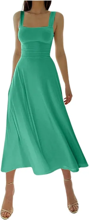 Sleeveless Dresses For Women 2025 Square Neck Slim Fit Waisted Flowy Swing Long Dress Solid Elegant Party Sundress