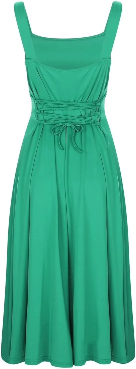 Sleeveless Dresses For Women 2025 Square Neck Slim Fit Waisted Flowy Swing Long Dress Solid Elegant Party Sundress