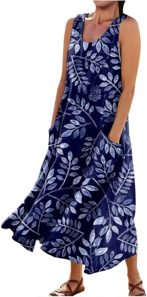Sleeveless Dresses for Womens 2024 Beach Cotton Linen Floral Printed Dresses with Pockets Casual Flowy Long Dress