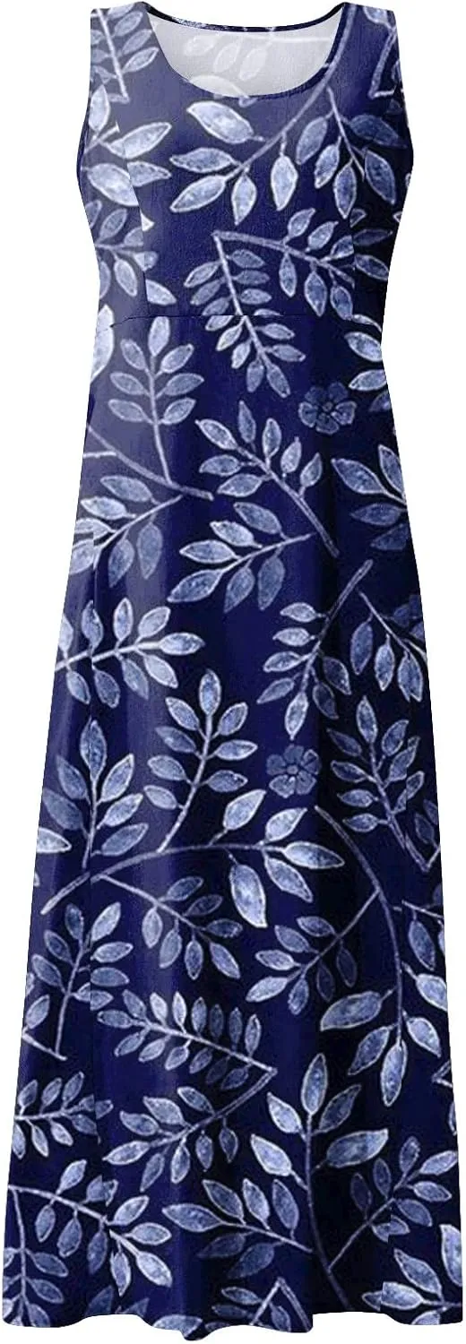 Sleeveless Dresses for Womens 2024 Beach Cotton Linen Floral Printed Dresses with Pockets Casual Flowy Long Dress
