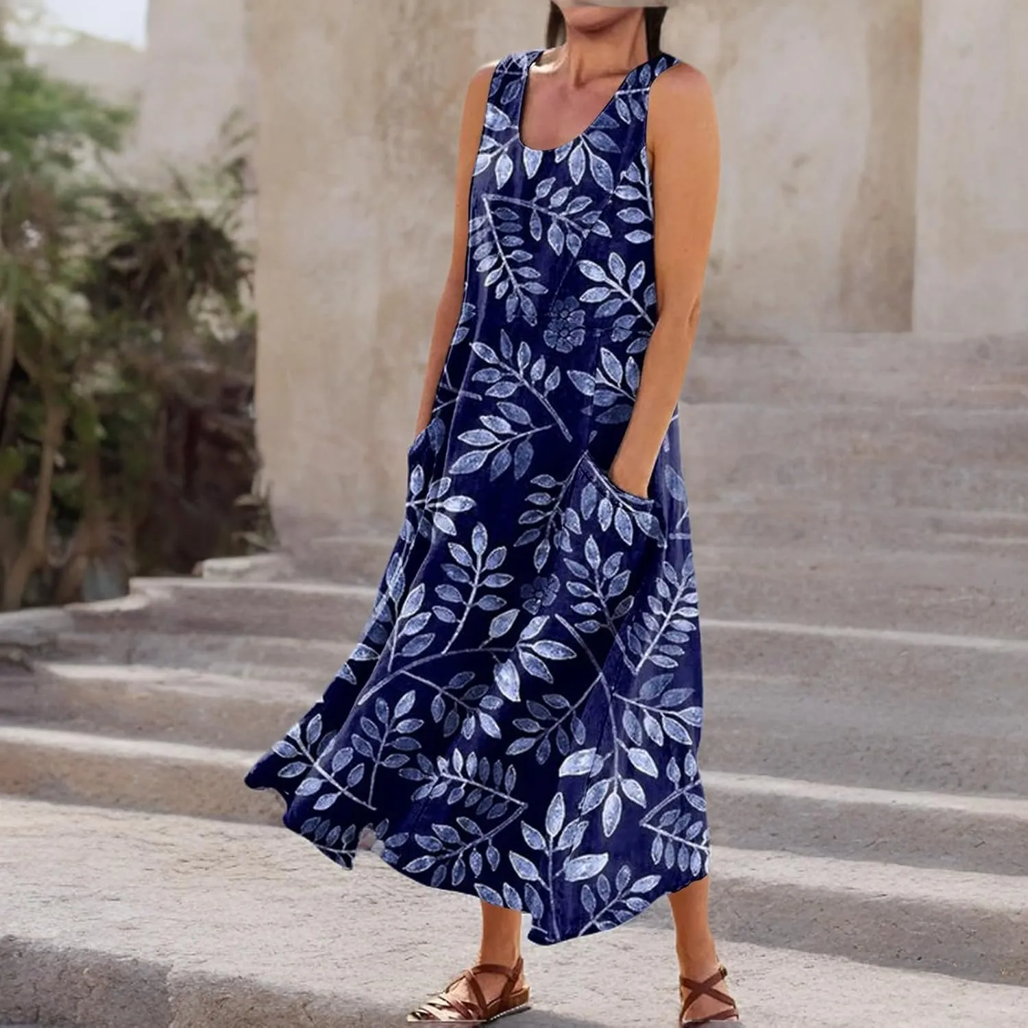 Sleeveless Dresses for Womens 2024 Beach Cotton Linen Floral Printed Dresses with Pockets Casual Flowy Long Dress