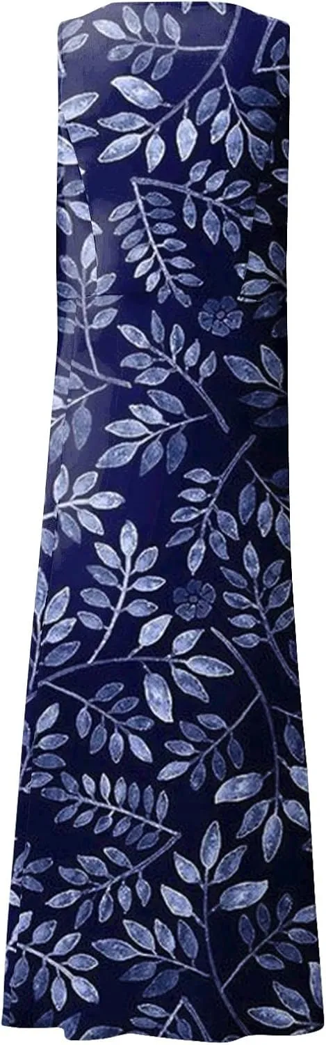 Sleeveless Dresses for Womens 2024 Beach Cotton Linen Floral Printed Dresses with Pockets Casual Flowy Long Dress