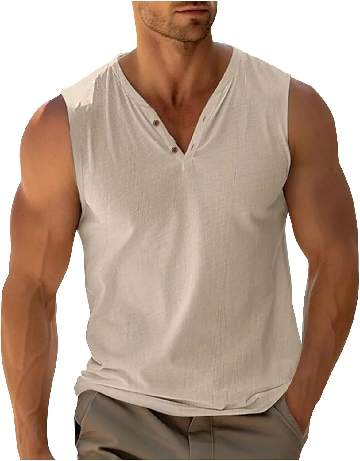 Sleeveless Shirts Mens Summer Gym Workout Tank Tops Button V Neck Beach Vacation Active Shirt Casual Solid Basic Tees