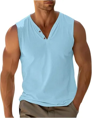 Sleeveless Shirts Mens Summer Gym Workout Tank Tops Button V Neck Beach Vacation Active Shirt Casual Solid Basic Tees