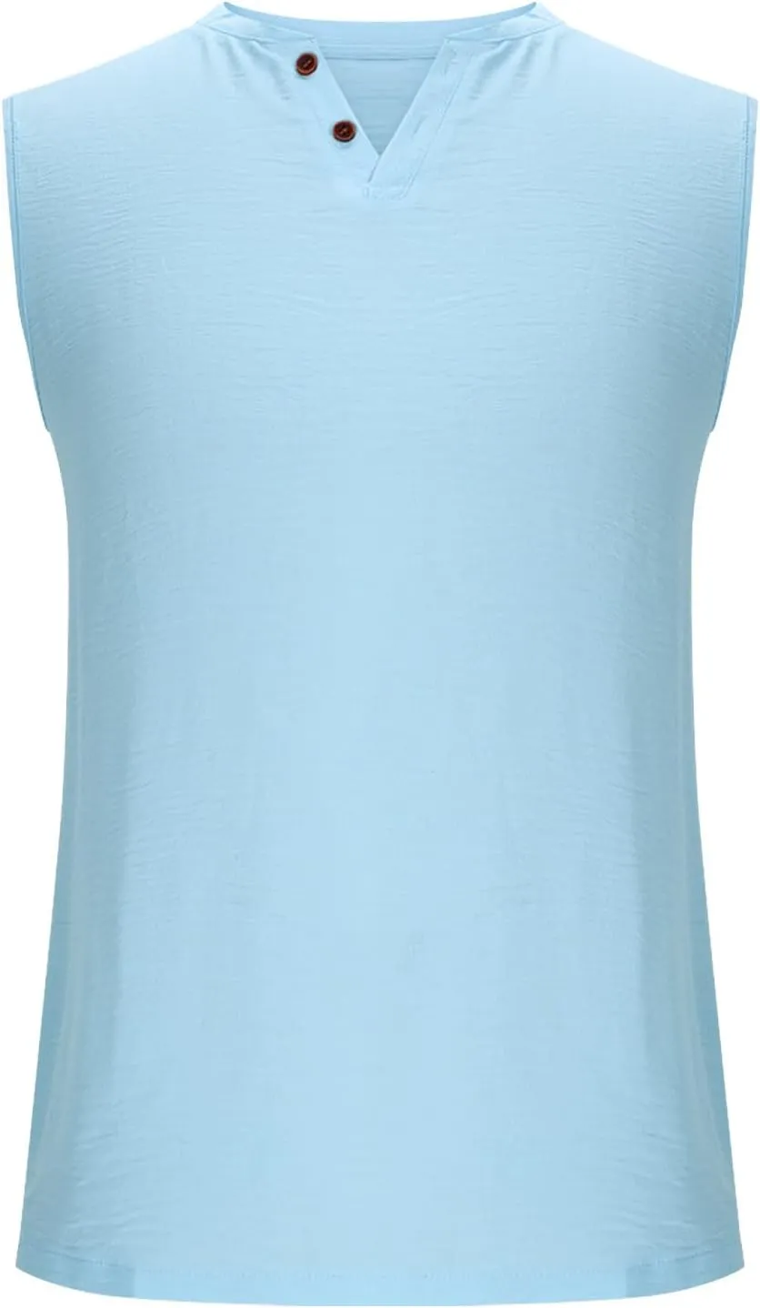 Sleeveless Shirts Mens Summer Gym Workout Tank Tops Button V Neck Beach Vacation Active Shirt Casual Solid Basic Tees