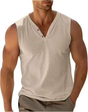 Sleeveless Shirts Mens Summer Gym Workout Tank Tops Button V Neck Beach Vacation Active Shirt Casual Solid Basic Tees