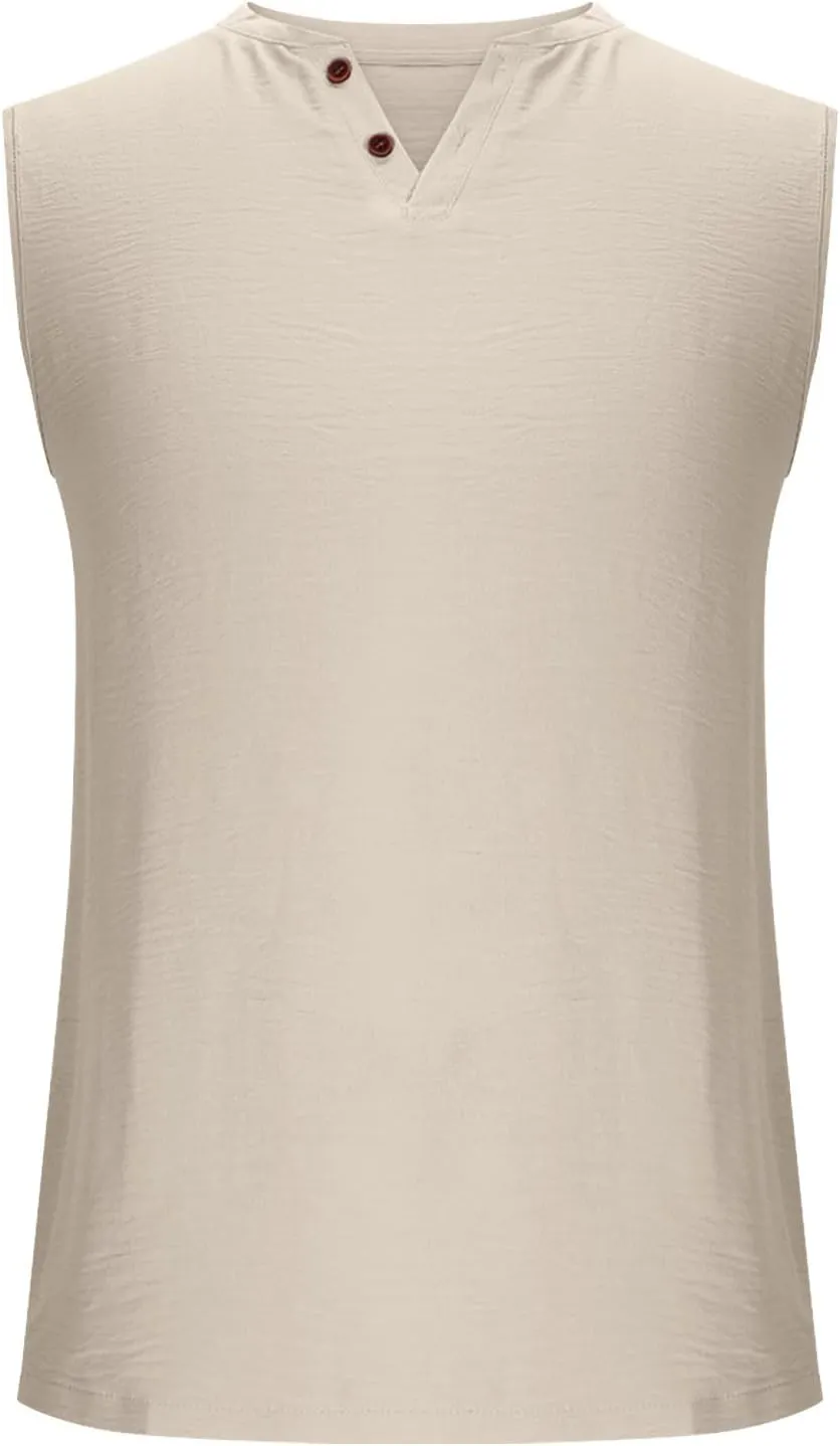 Sleeveless Shirts Mens Summer Gym Workout Tank Tops Button V Neck Beach Vacation Active Shirt Casual Solid Basic Tees