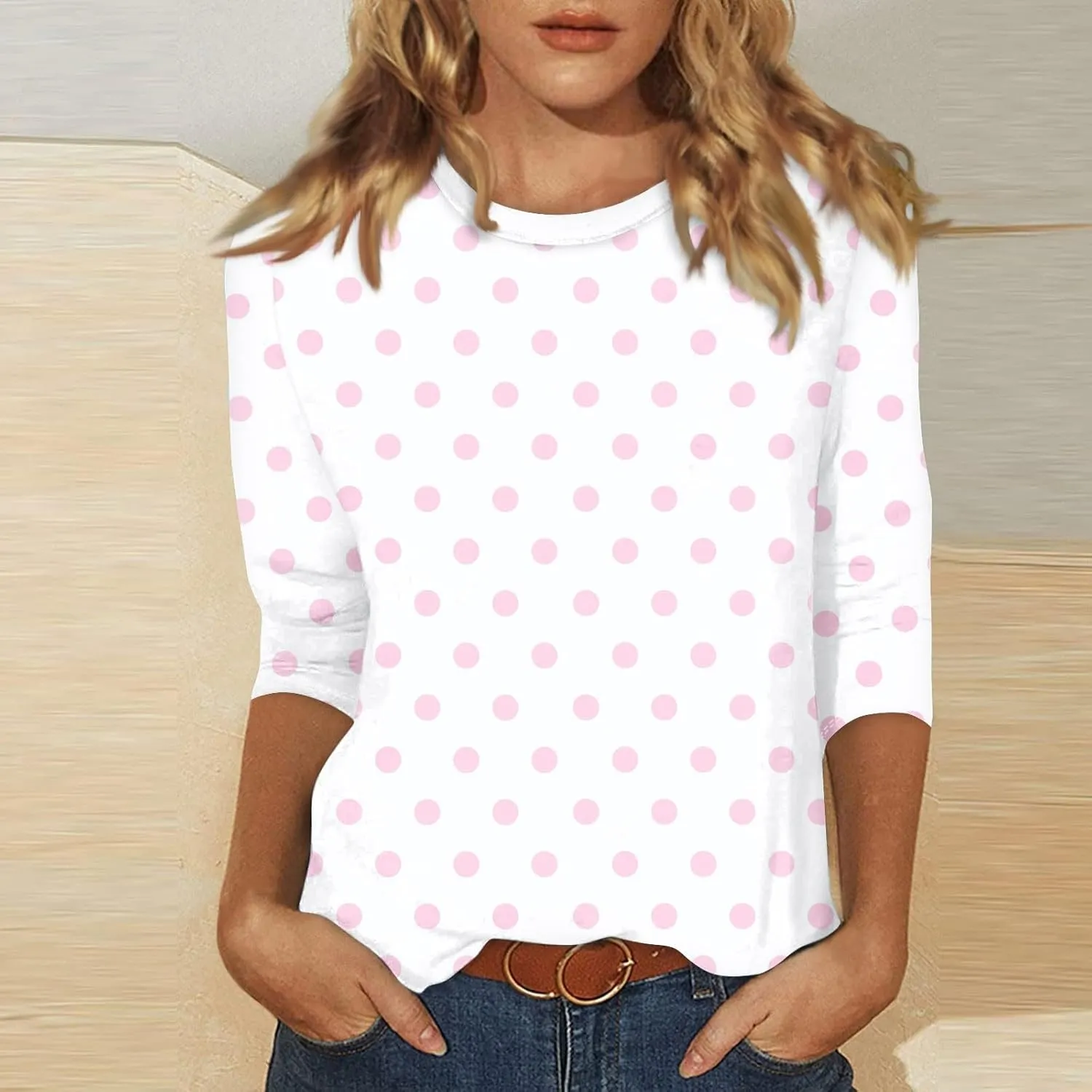 slqdgmryz 3/4 Sleeve Shirts for Women Spring Striped Crewneck Business Casual Tops Loose Three Quarter Length Work Blouses