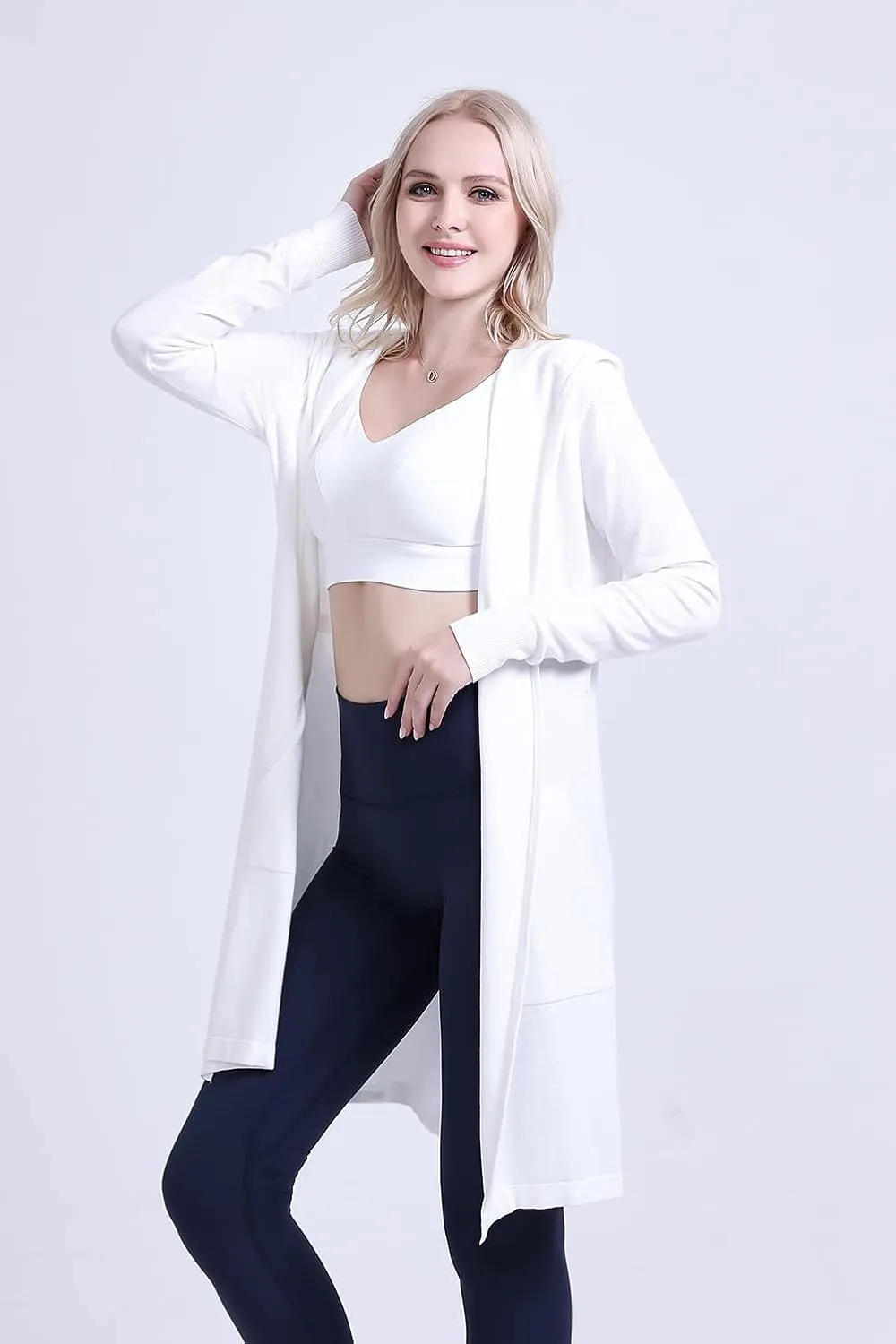 SMILING PINKER Women Long Hooded Cardigan Casual Light Weight Open Front Sweater with Pockets