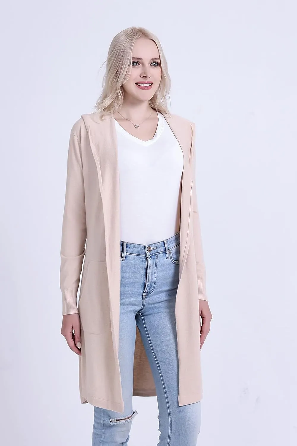 SMILING PINKER Women Long Hooded Cardigan Casual Light Weight Open Front Sweater with Pockets