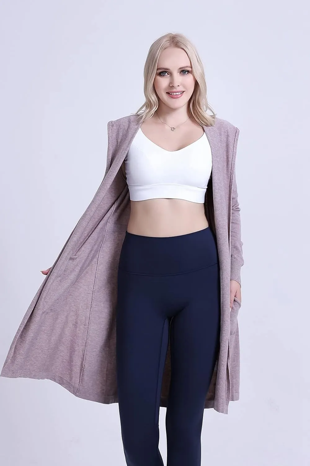 SMILING PINKER Women Long Hooded Cardigan Casual Light Weight Open Front Sweater with Pockets