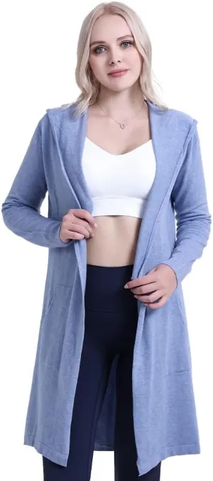 SMILING PINKER Women Long Hooded Cardigan Casual Light Weight Open Front Sweater with Pockets