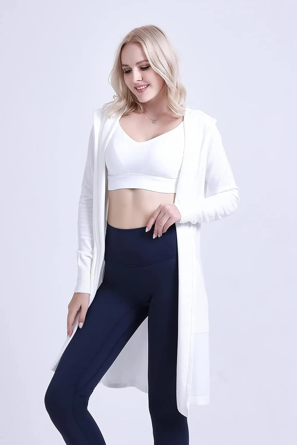 SMILING PINKER Women Long Hooded Cardigan Casual Light Weight Open Front Sweater with Pockets