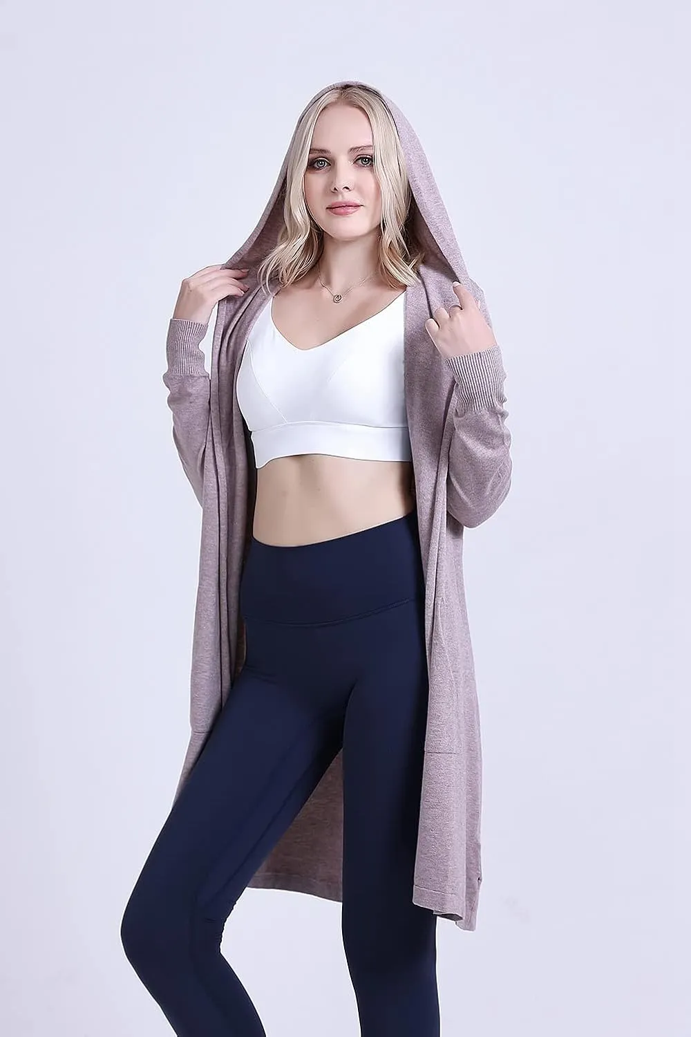 SMILING PINKER Women Long Hooded Cardigan Casual Light Weight Open Front Sweater with Pockets