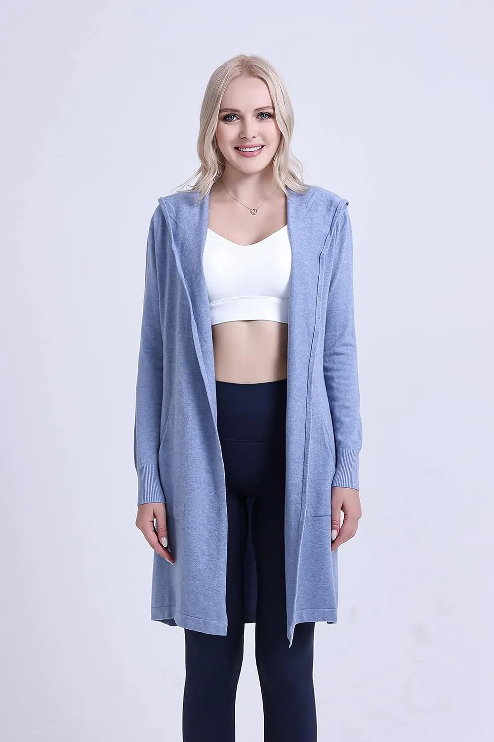 SMILING PINKER Women Long Hooded Cardigan Casual Light Weight Open Front Sweater with Pockets