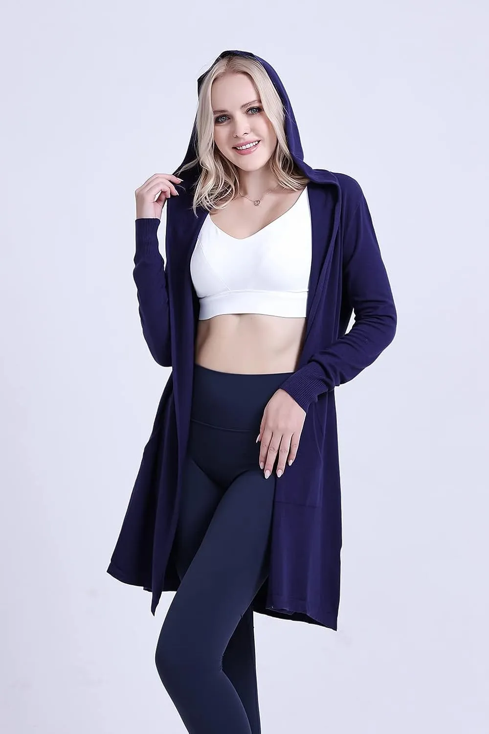 SMILING PINKER Women Long Hooded Cardigan Casual Light Weight Open Front Sweater with Pockets