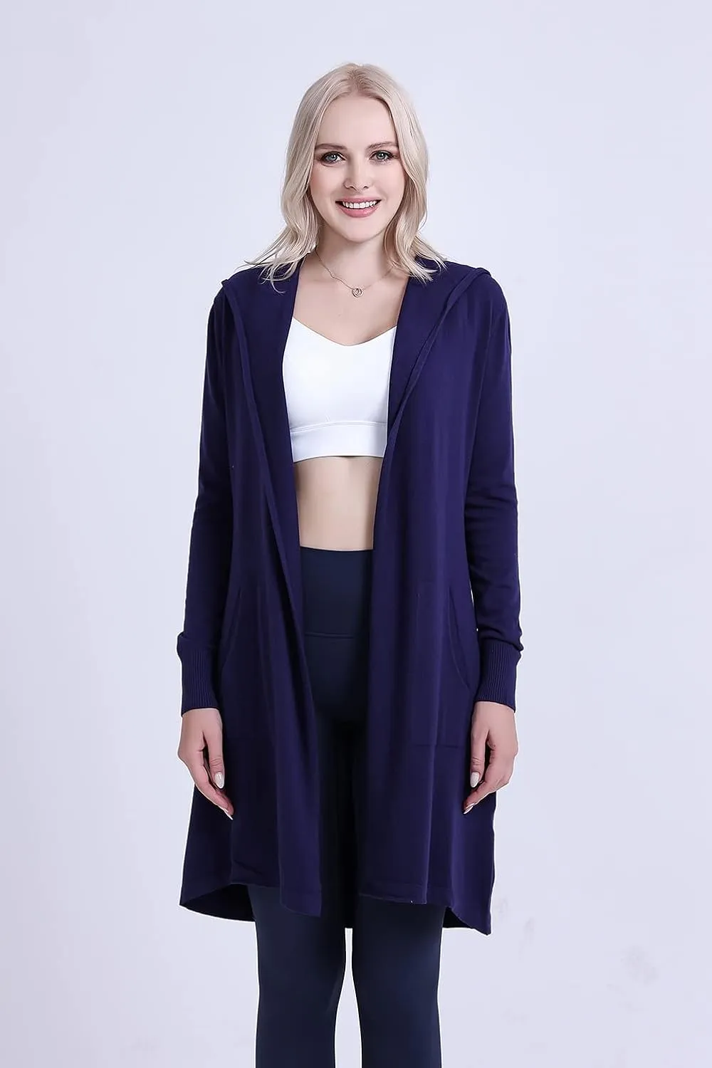 SMILING PINKER Women Long Hooded Cardigan Casual Light Weight Open Front Sweater with Pockets