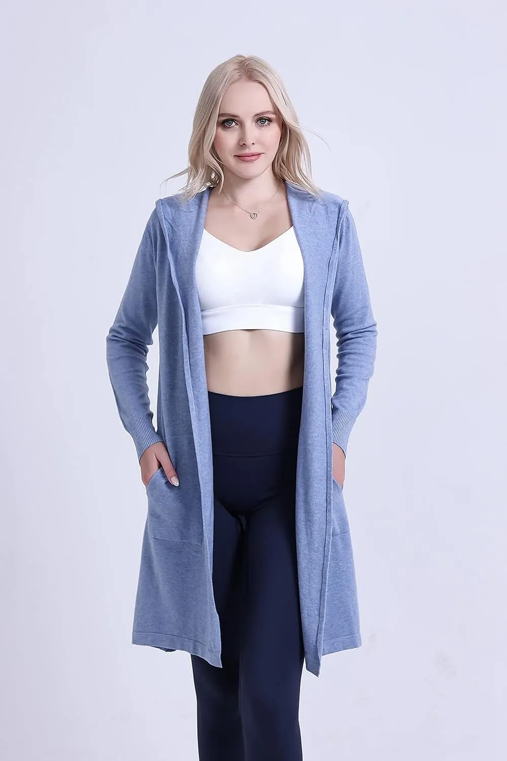 SMILING PINKER Women Long Hooded Cardigan Casual Light Weight Open Front Sweater with Pockets
