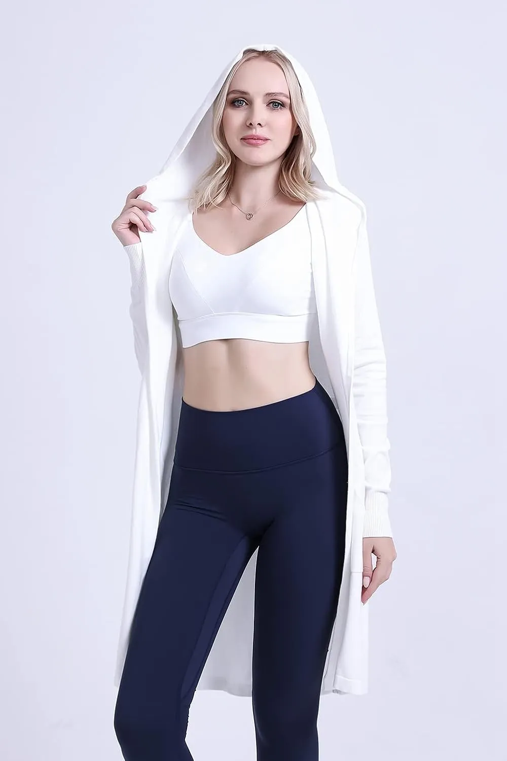 SMILING PINKER Women Long Hooded Cardigan Casual Light Weight Open Front Sweater with Pockets