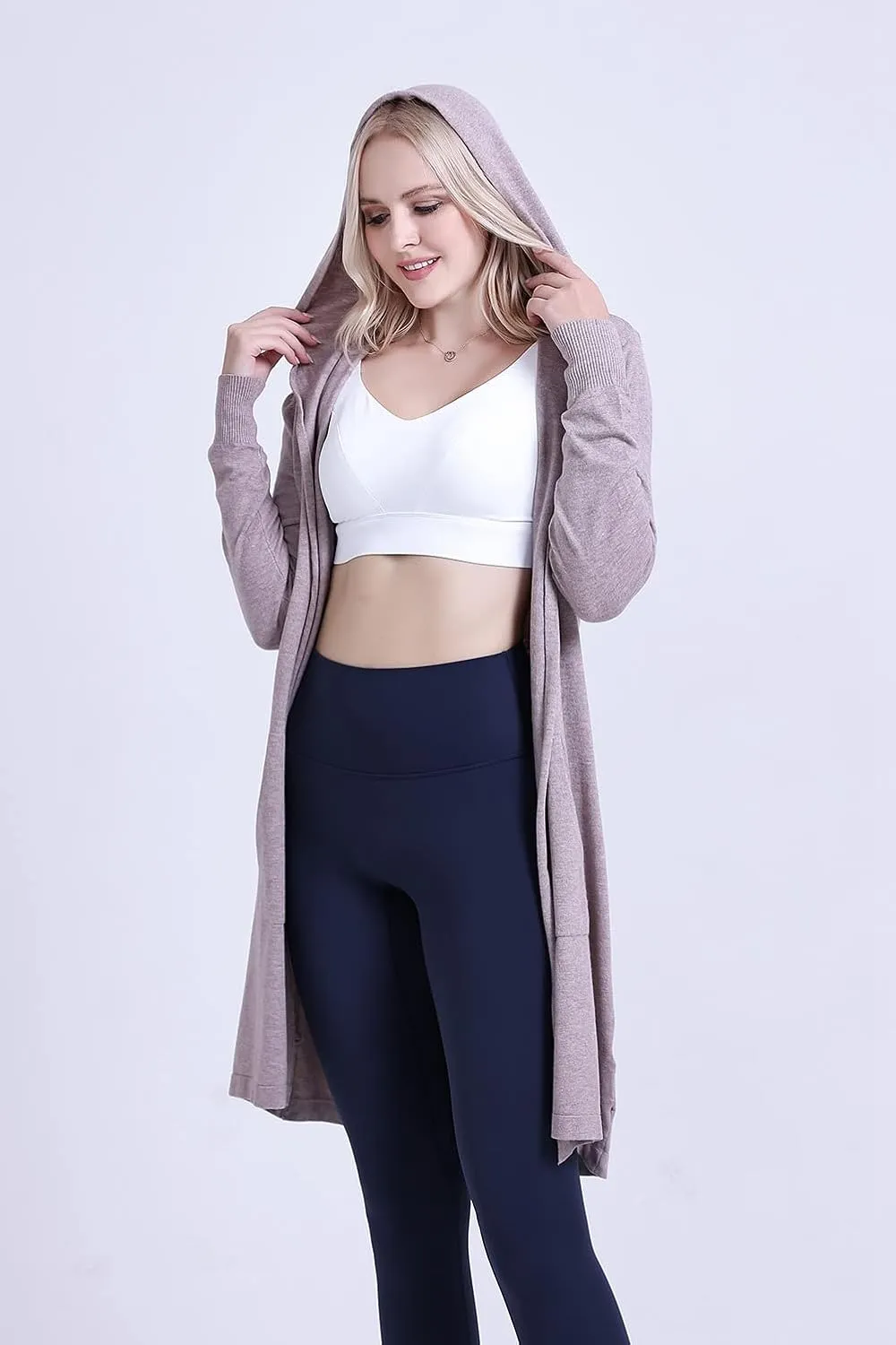 SMILING PINKER Women Long Hooded Cardigan Casual Light Weight Open Front Sweater with Pockets
