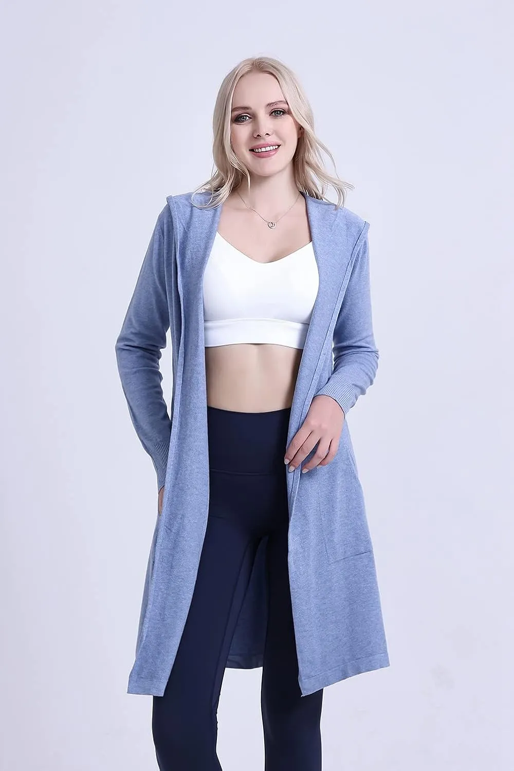 SMILING PINKER Women Long Hooded Cardigan Casual Light Weight Open Front Sweater with Pockets