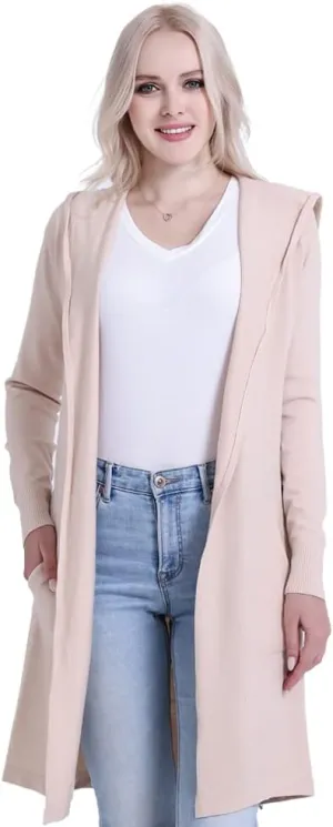 SMILING PINKER Women Long Hooded Cardigan Casual Light Weight Open Front Sweater with Pockets