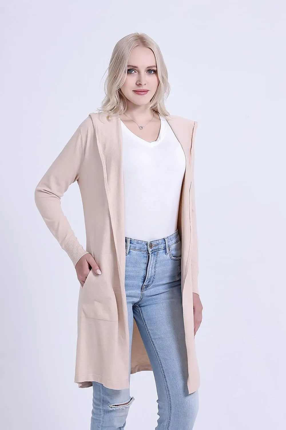 SMILING PINKER Women Long Hooded Cardigan Casual Light Weight Open Front Sweater with Pockets