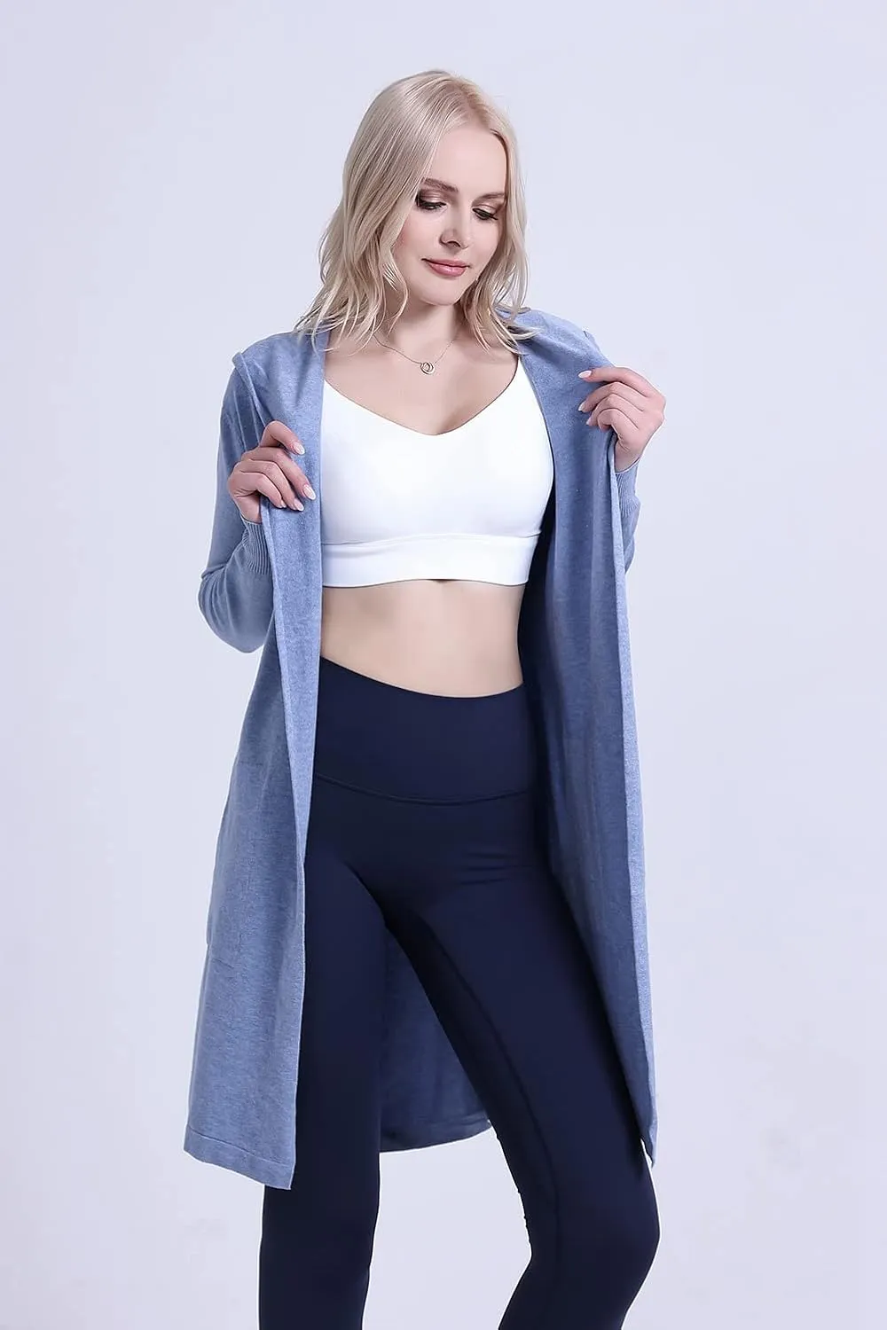 SMILING PINKER Women Long Hooded Cardigan Casual Light Weight Open Front Sweater with Pockets