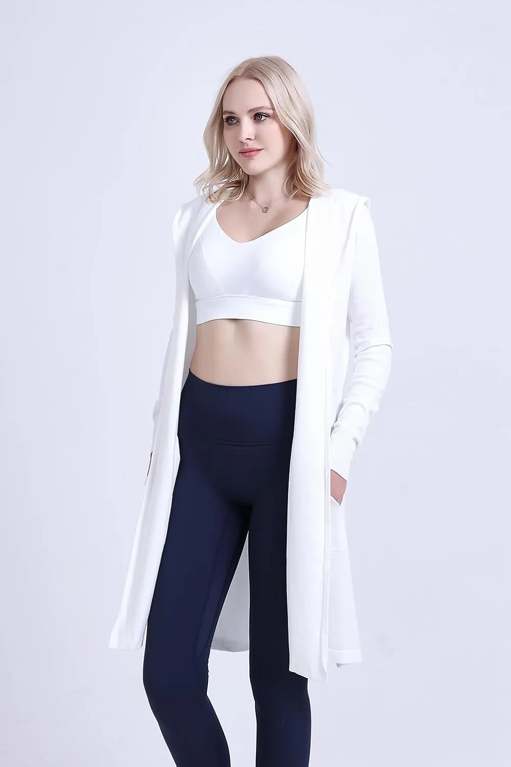 SMILING PINKER Women Long Hooded Cardigan Casual Light Weight Open Front Sweater with Pockets