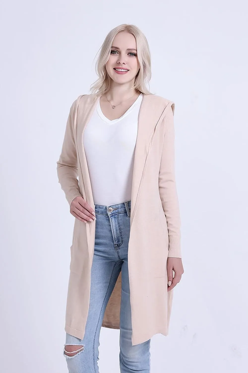 SMILING PINKER Women Long Hooded Cardigan Casual Light Weight Open Front Sweater with Pockets