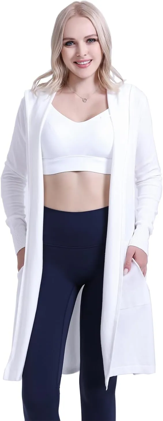 SMILING PINKER Women Long Hooded Cardigan Casual Light Weight Open Front Sweater with Pockets