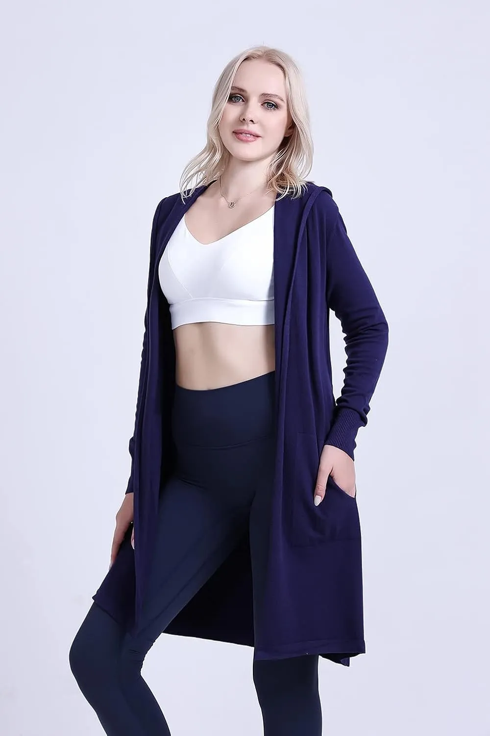 SMILING PINKER Women Long Hooded Cardigan Casual Light Weight Open Front Sweater with Pockets