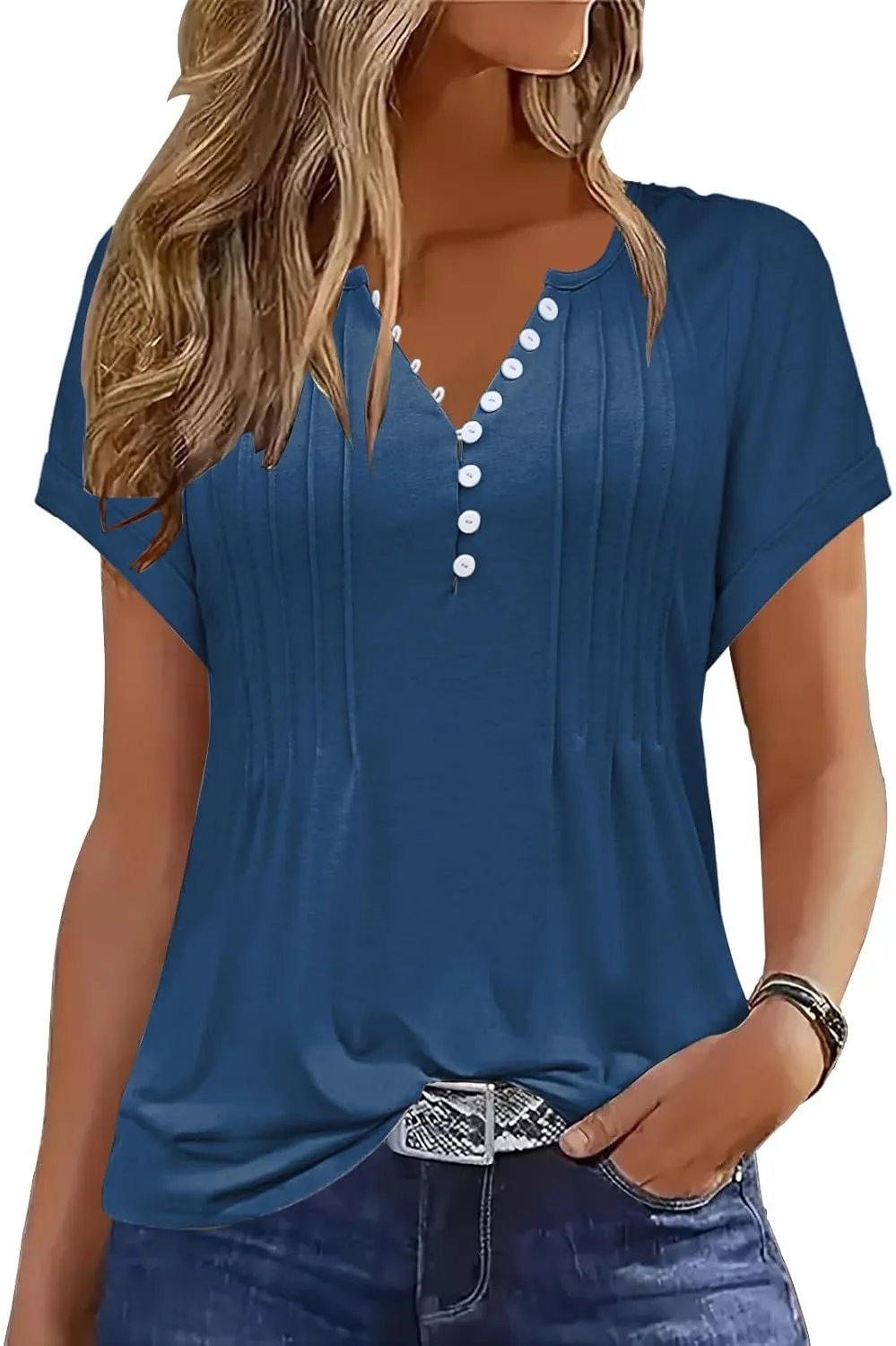Soesdemo Womens Tshirts Short Rolled Sleeve Pleated Button Down V Neck Casual Dressy Summer Top Business Work Blouses Shirts