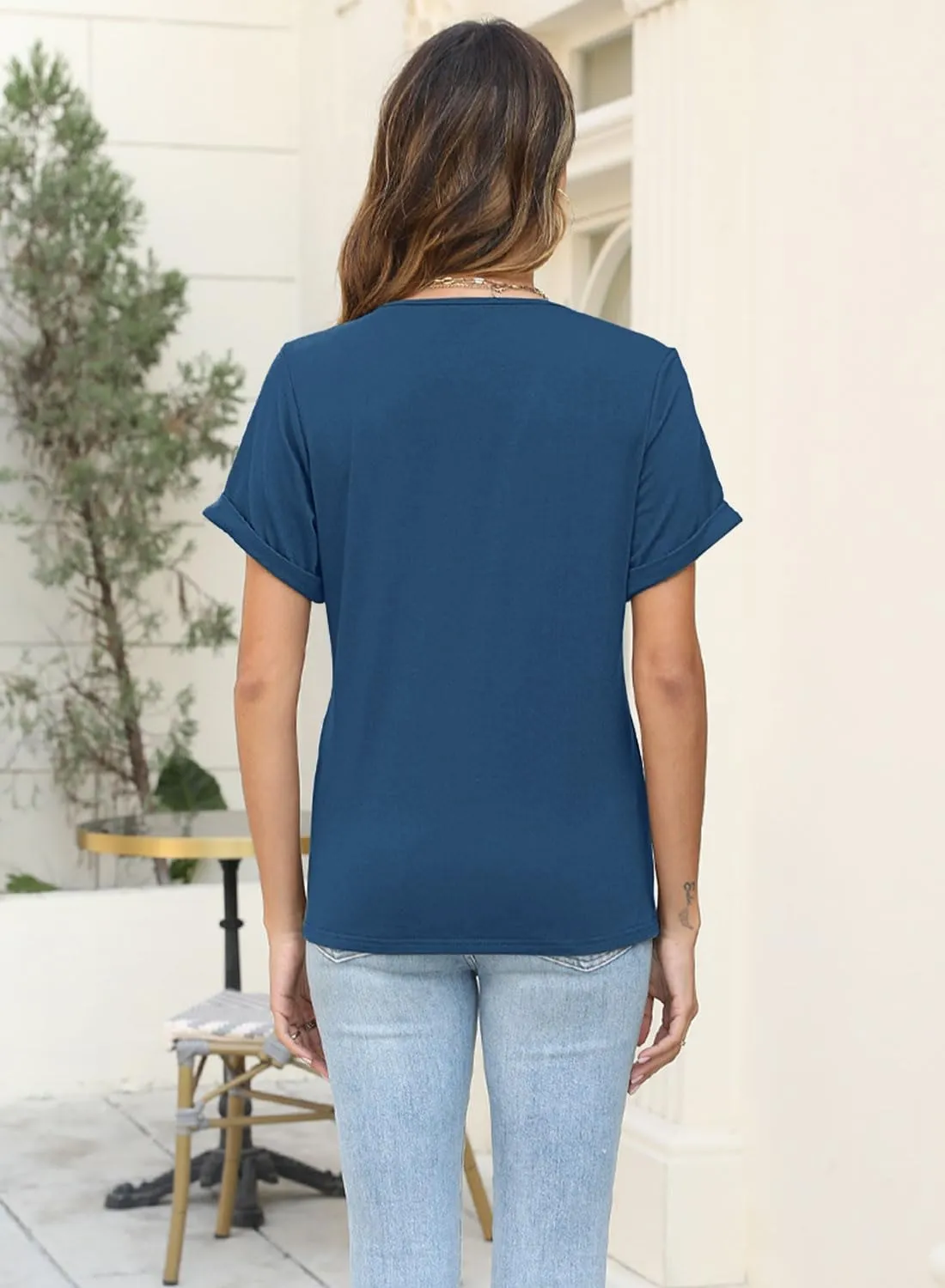 Soesdemo Womens Tshirts Short Rolled Sleeve Pleated Button Down V Neck Casual Dressy Summer Top Business Work Blouses Shirts