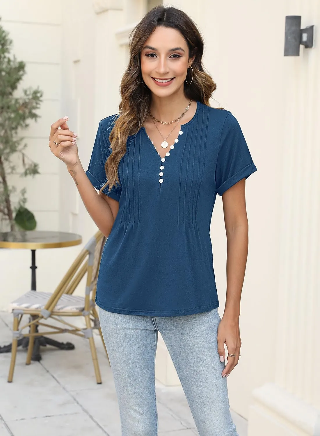 Soesdemo Womens Tshirts Short Rolled Sleeve Pleated Button Down V Neck Casual Dressy Summer Top Business Work Blouses Shirts