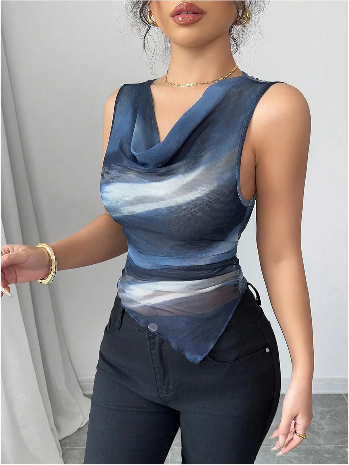SOLY HUX Women's Elegant Tie Dye Tank Top Cowl Neck Sleeveless Mesh Fitted Vest Shirts Office Outfits